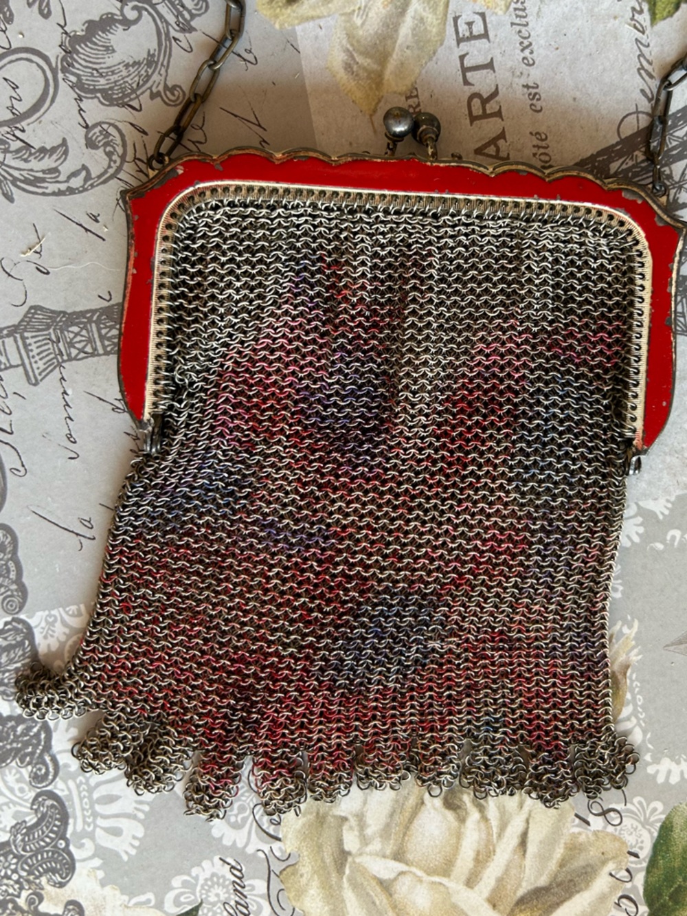 Whiting & Davis Red-Trim Metal Mesh evening bag antique 1920s sweet!!